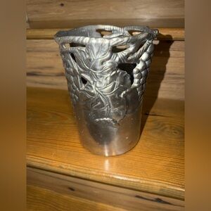 Silver Metal Vase with Leaf Design